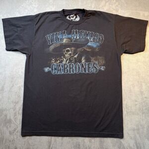 Viva Mexico Cabrones T-Shirt XXL Skeleton Sombrero Rooster Black Double Sided